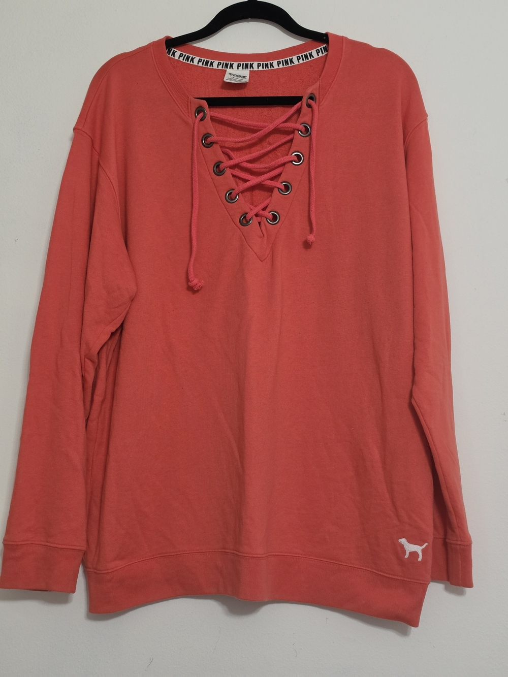 VS Pink V-Neck Lace Pullover Sweatshirt Coral Size Large